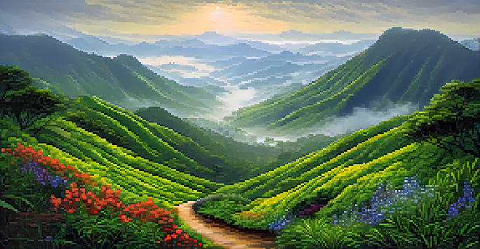 A scenic landscape of the Western Ghats with green hills, wildflowers, and misty mountain peaks.