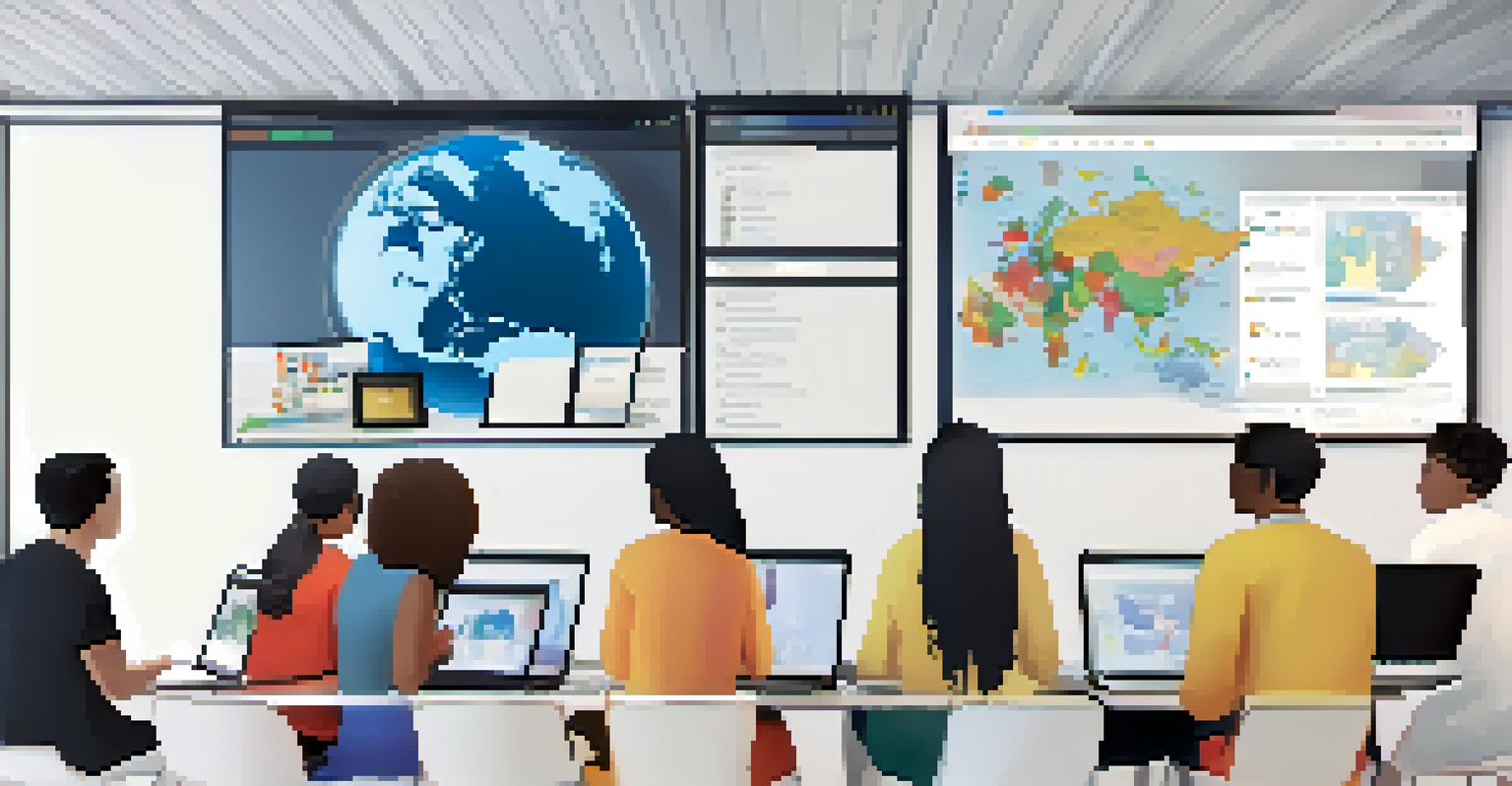 A virtual cultural exchange session on a laptop, featuring participants from various countries discussing their cultures, with a world map in the background.
