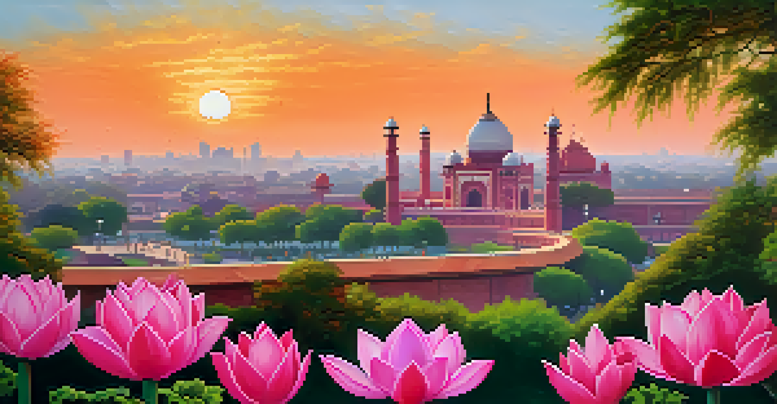 A panoramic view of Delhi's skyline at sunset with historical and modern landmarks.