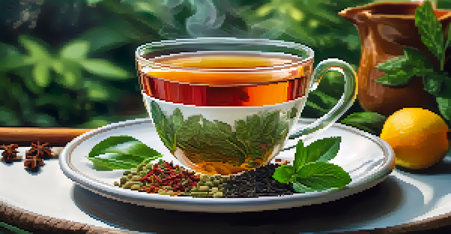 A steaming cup of herbal tea surrounded by fresh herbs and fruits, symbolizing health and wellness.