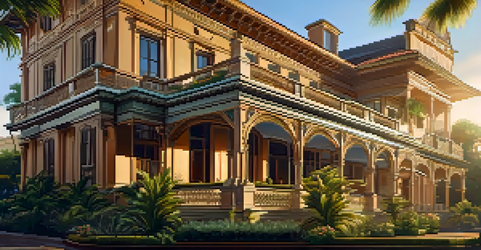 A beautiful heritage hotel with detailed woodwork and ornate ceilings, surrounded by lush gardens during sunset.