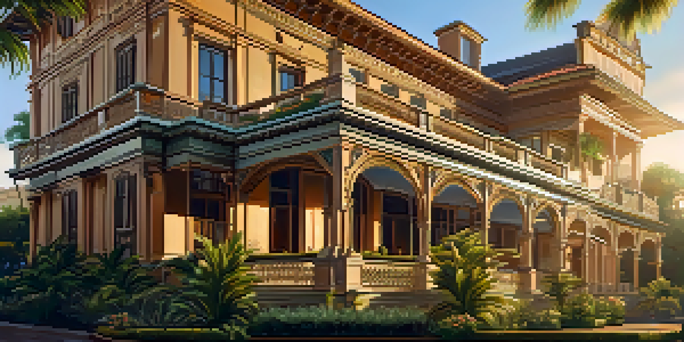 A beautiful heritage hotel with detailed woodwork and ornate ceilings, surrounded by lush gardens during sunset.