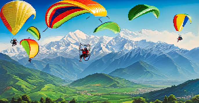 Colorful paragliders soaring in the sky above the green hills of Bir Billing, with the Dhauladhar mountains in the background.