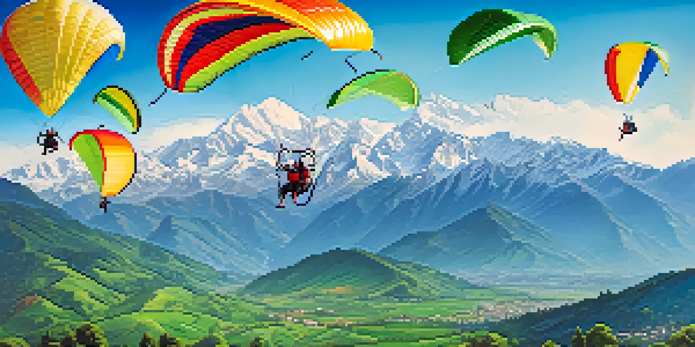 Colorful paragliders soaring in the sky above the green hills of Bir Billing, with the Dhauladhar mountains in the background.