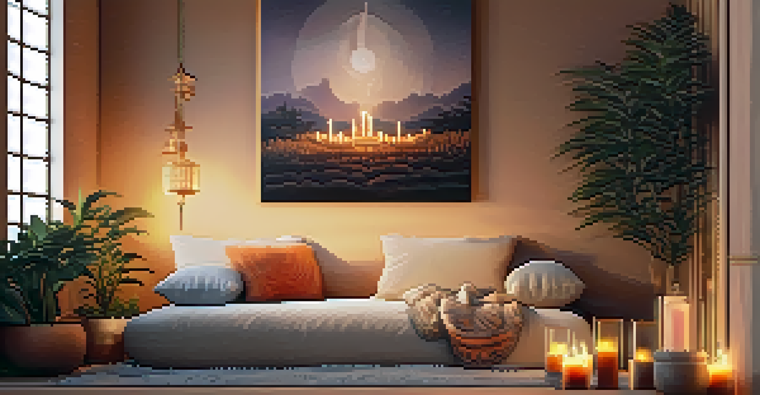 A cozy indoor meditation space with soft pillows, warm colors, and lit candles, creating a peaceful ambiance.