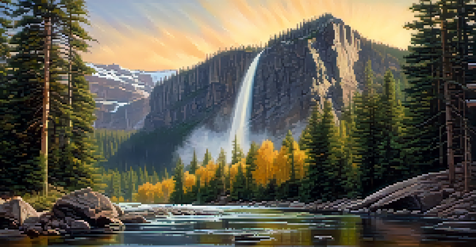 Bridal Veil Falls in Colorado with water cascading into a pond, surrounded by mountains and a sunset sky.