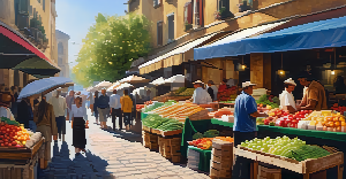 A bustling local market filled with colorful fresh produce, artisan bread, and handmade cheeses, with people shopping and bright umbrellas overhead.