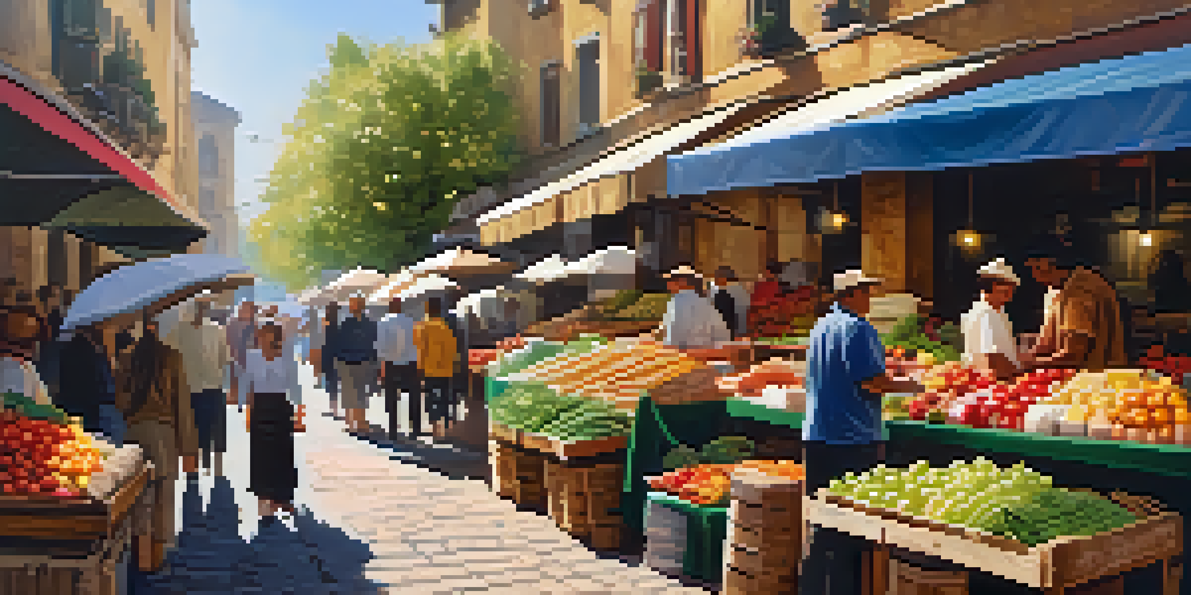 A bustling local market filled with colorful fresh produce, artisan bread, and handmade cheeses, with people shopping and bright umbrellas overhead.
