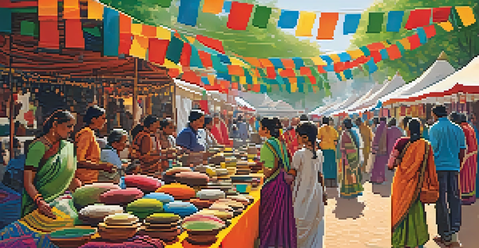 A lively Indian art and craft fair with colorful stalls displaying handmade crafts and artisans demonstrating their work.