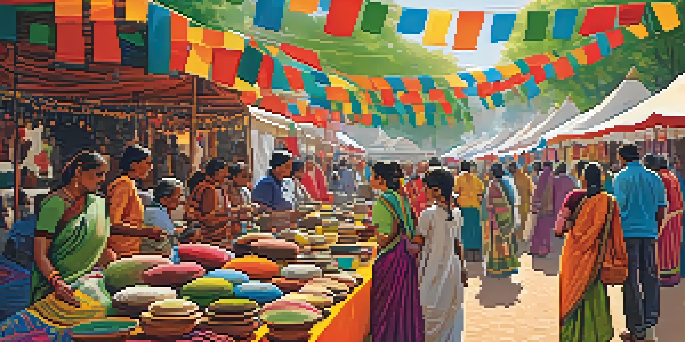 A lively Indian art and craft fair with colorful stalls displaying handmade crafts and artisans demonstrating their work.