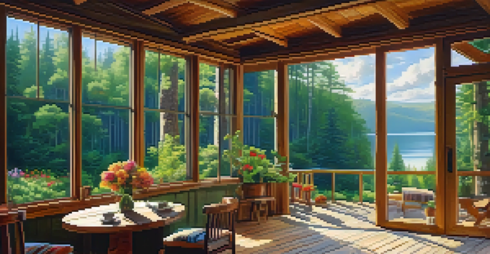 A picturesque eco-lodge surrounded by a dense green forest, with large windows and a wooden deck where a couple is having coffee.