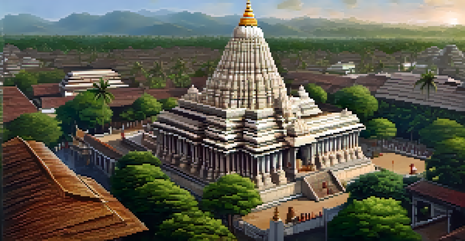 Aerial view of Padmanabhaswamy Temple surrounded by greenery and bustling streets in Thiruvananthapuram.