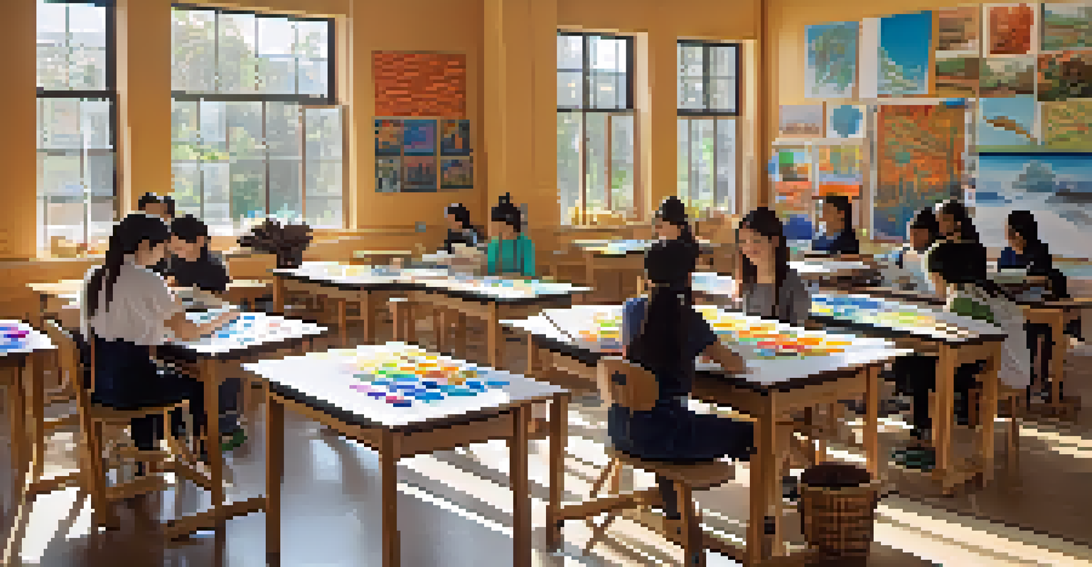 A classroom with students from different countries participating in an art workshop, surrounded by art supplies.