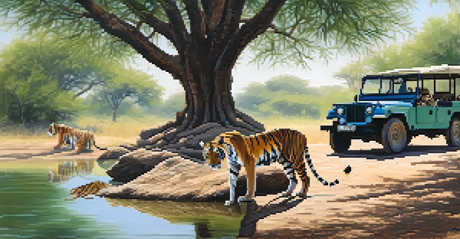 A Bengal tiger resting by a waterhole in Ranthambore National Park, surrounded by greenery and a safari jeep.