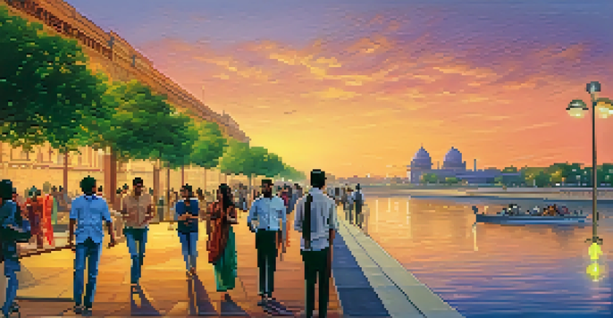 A panoramic sunset view of the Sabarmati Riverfront with modern buildings and historical landmarks, featuring people walking and vibrant colors reflected in the water.
