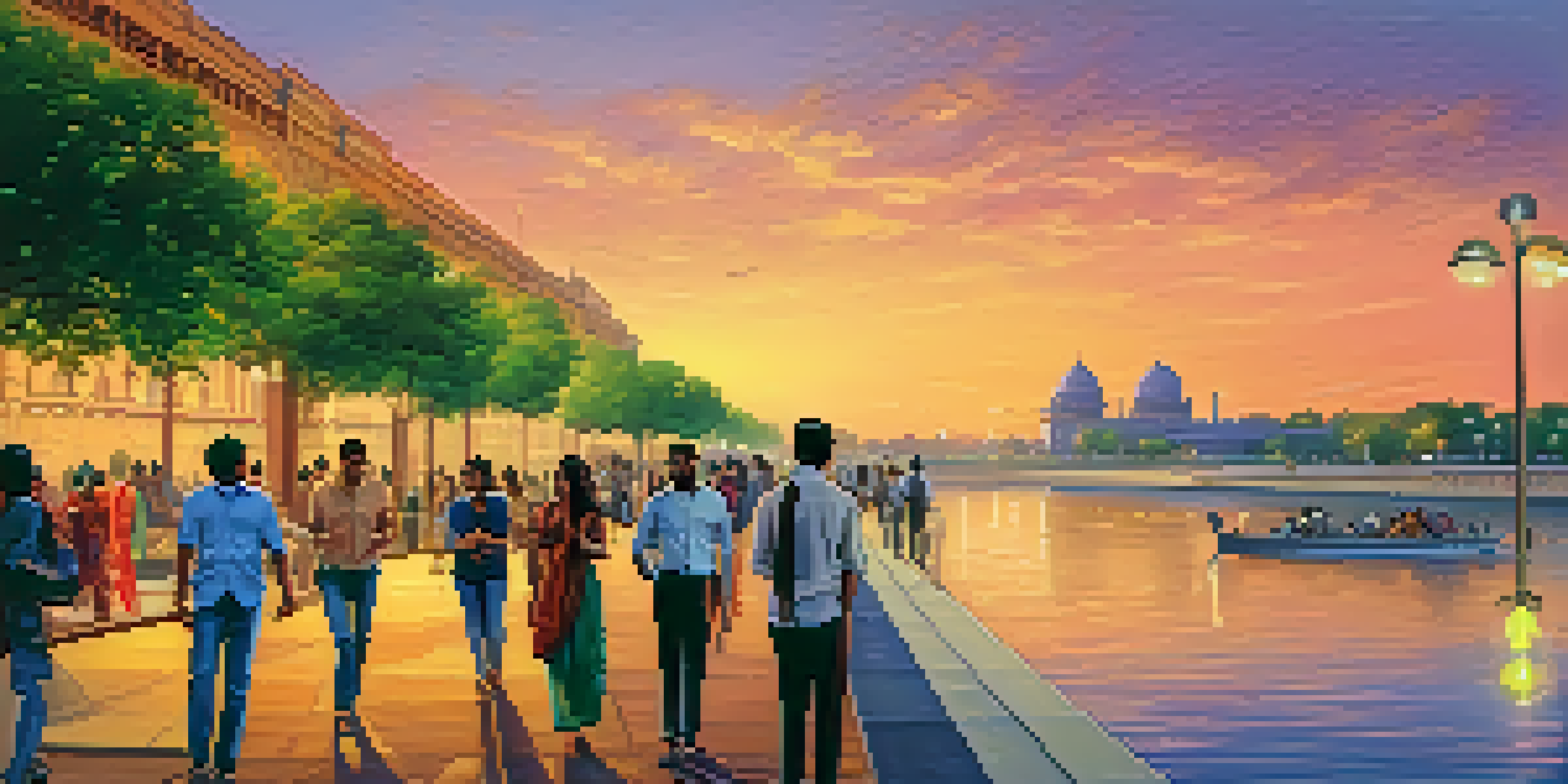 A panoramic sunset view of the Sabarmati Riverfront with modern buildings and historical landmarks, featuring people walking and vibrant colors reflected in the water.