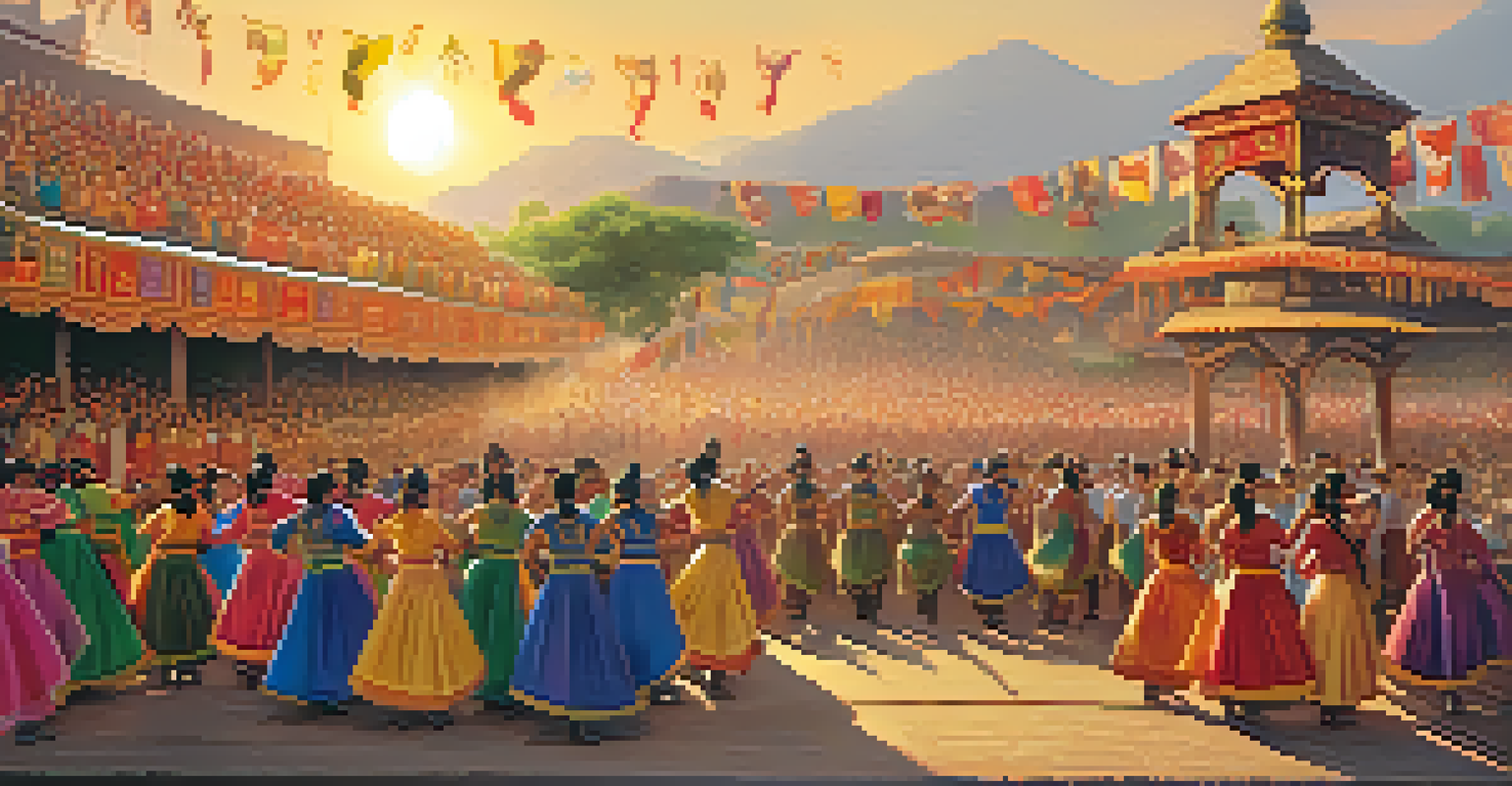 A vibrant cultural festival with a historical dance performance on stage, participants in intricate costumes, and a lively audience under a sunset backdrop.
