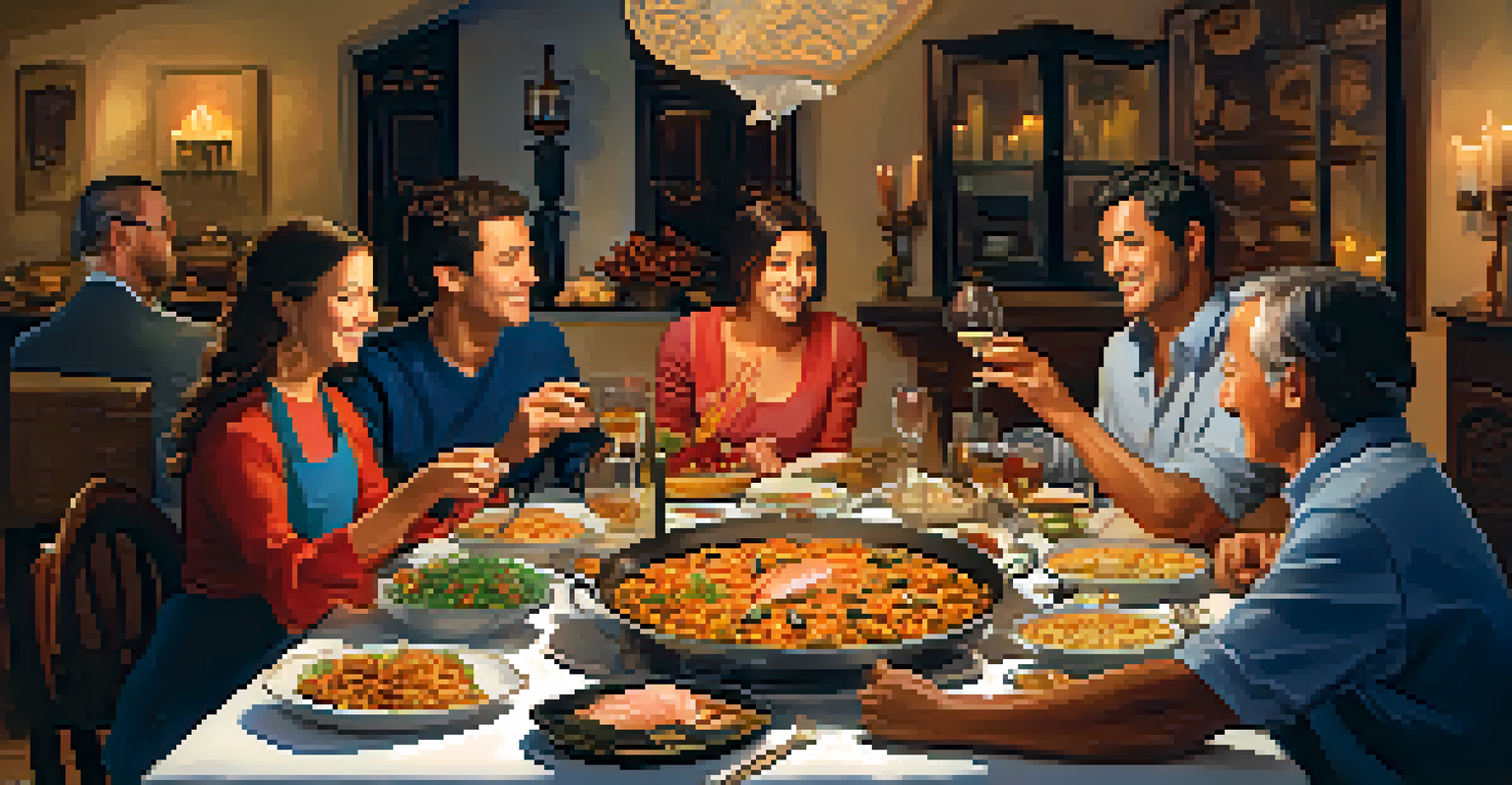 A family gathering around a table filled with diverse cultural dishes, sharing stories and enjoying each other's company.