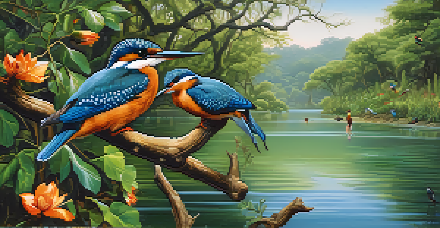Colorful birds in the lush surroundings of the Kerala backwaters, showcasing rich wildlife and natural beauty.
