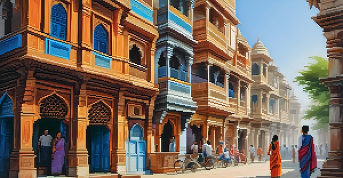 A bustling street scene in Ahmedabad with colorful historic buildings, local artisans, and tourists participating in a heritage walk under a bright blue sky.