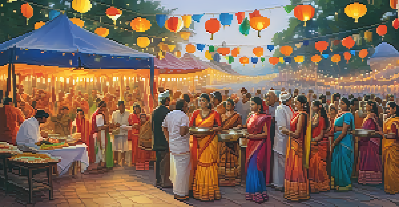 A festive cultural celebration in India with dancers in colorful costumes and families enjoying food amidst vibrant decorations.