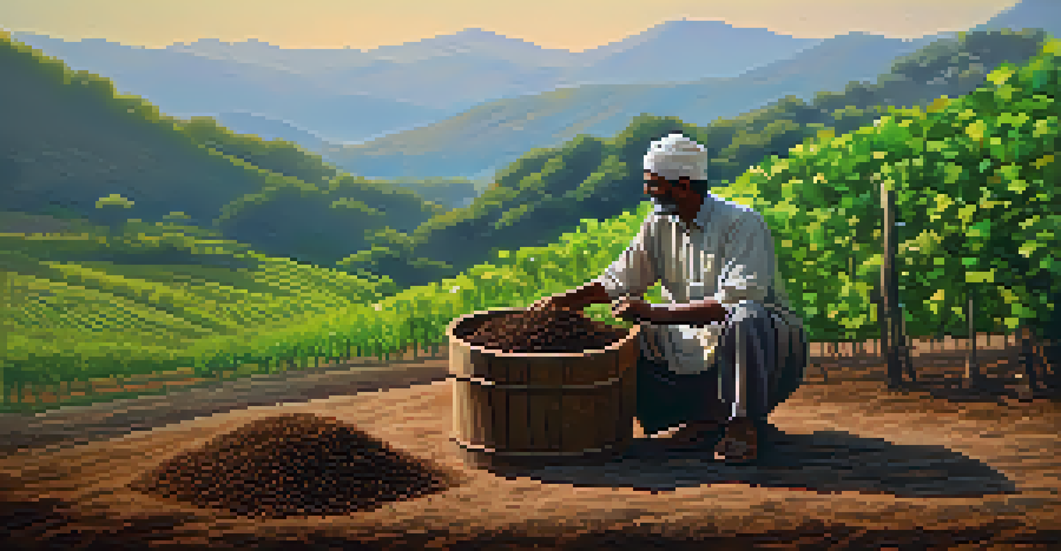 A local farmer demonstrating composting techniques in Maharashtra, with vineyards in the background, showcasing traditional attire and organic materials.