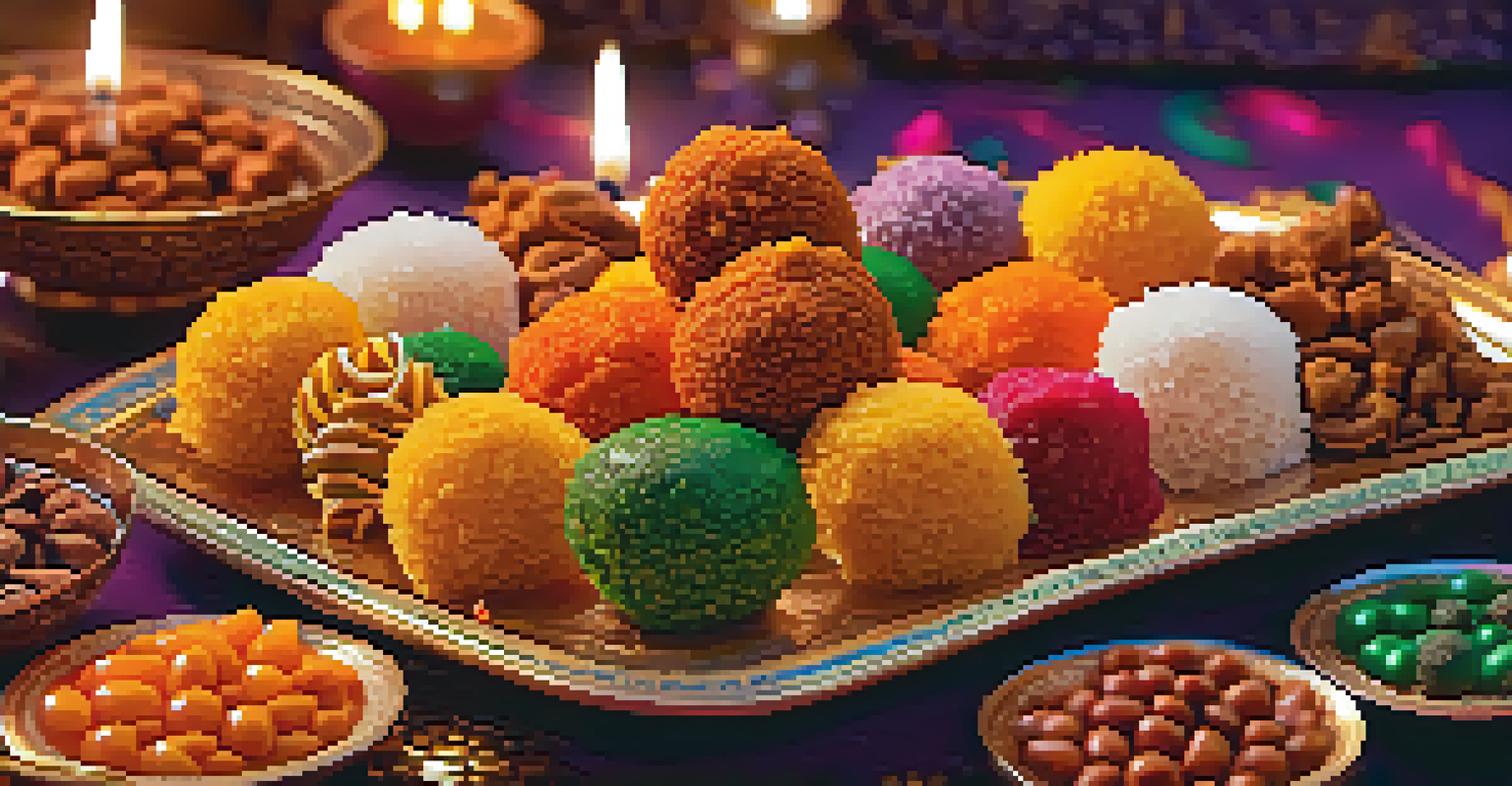 A close-up of a platter filled with colorful traditional Diwali sweets and snacks against a twinkling light background.