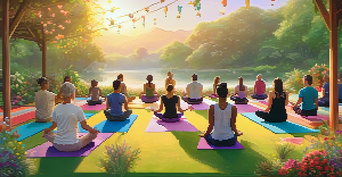 A diverse group of people practicing yoga outdoors at sunrise, surrounded by greenery and flowers.