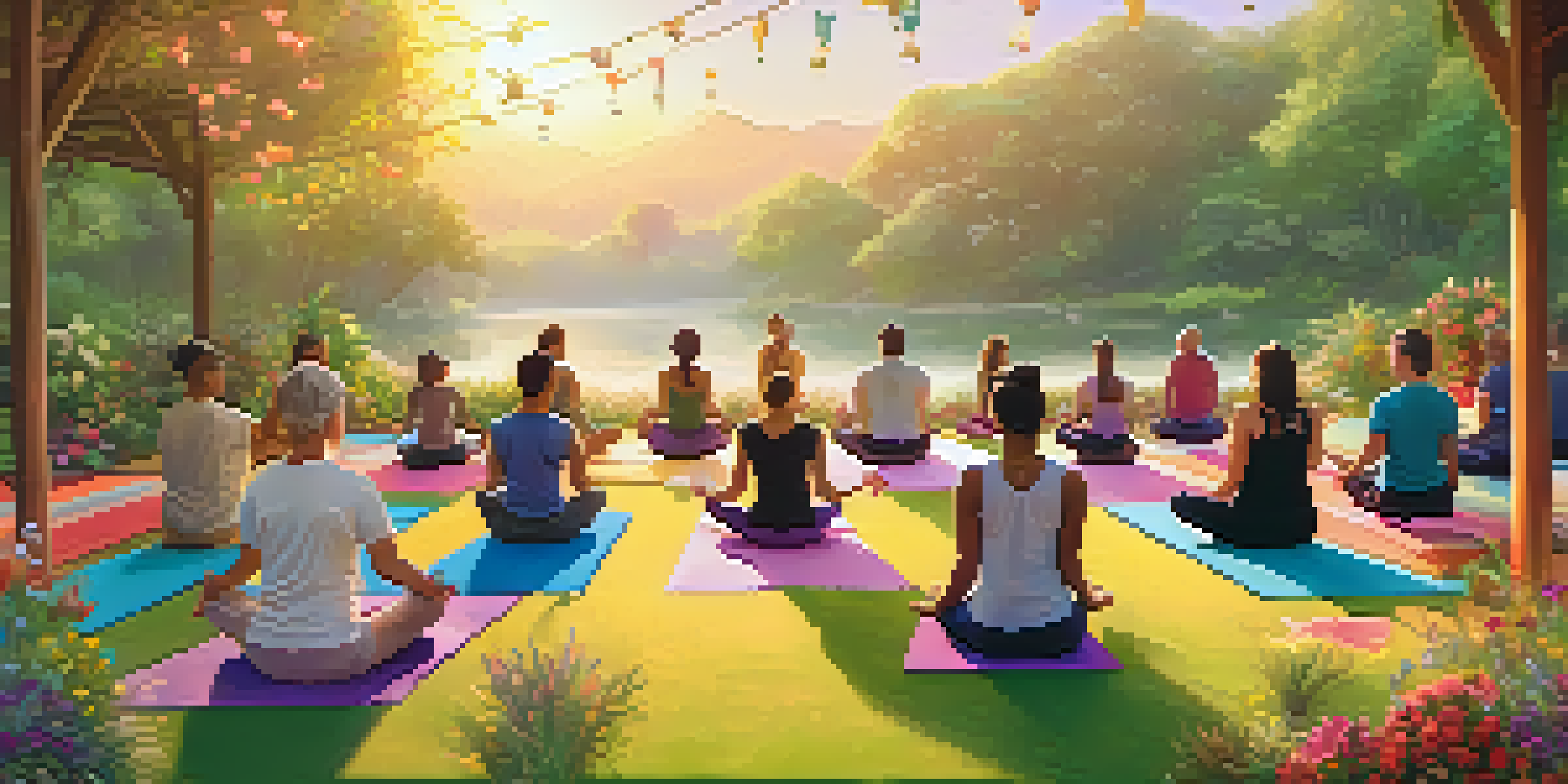 A diverse group of people practicing yoga outdoors at sunrise, surrounded by greenery and flowers.