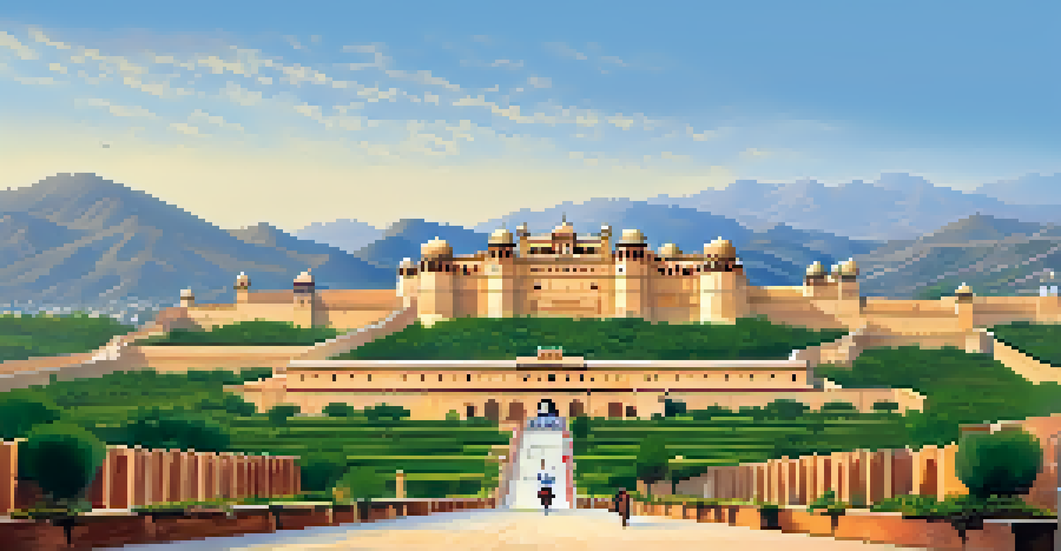A cyclist admiring the Amer Fort in Rajasthan, with its intricate architecture and surrounding landscape.