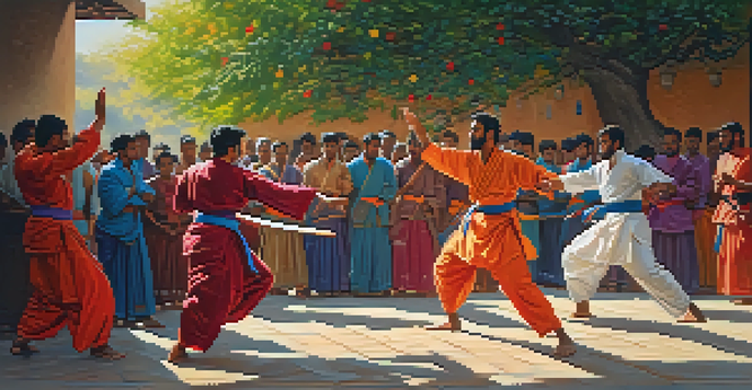 A vibrant scene of martial artists sparring in a traditional Indian courtyard, with sunlight filtering through trees and colorful decorations in the background.