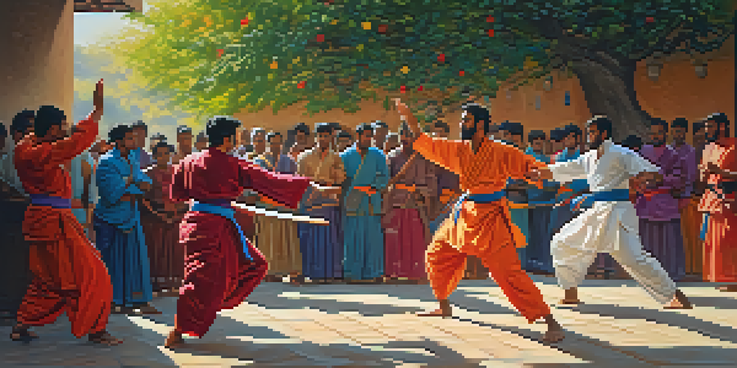 A vibrant scene of martial artists sparring in a traditional Indian courtyard, with sunlight filtering through trees and colorful decorations in the background.