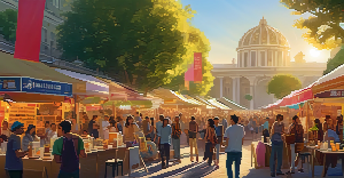 A lively urban film festival with diverse attendees discussing films, colorful banners, and food stalls under warm golden hour sunlight.