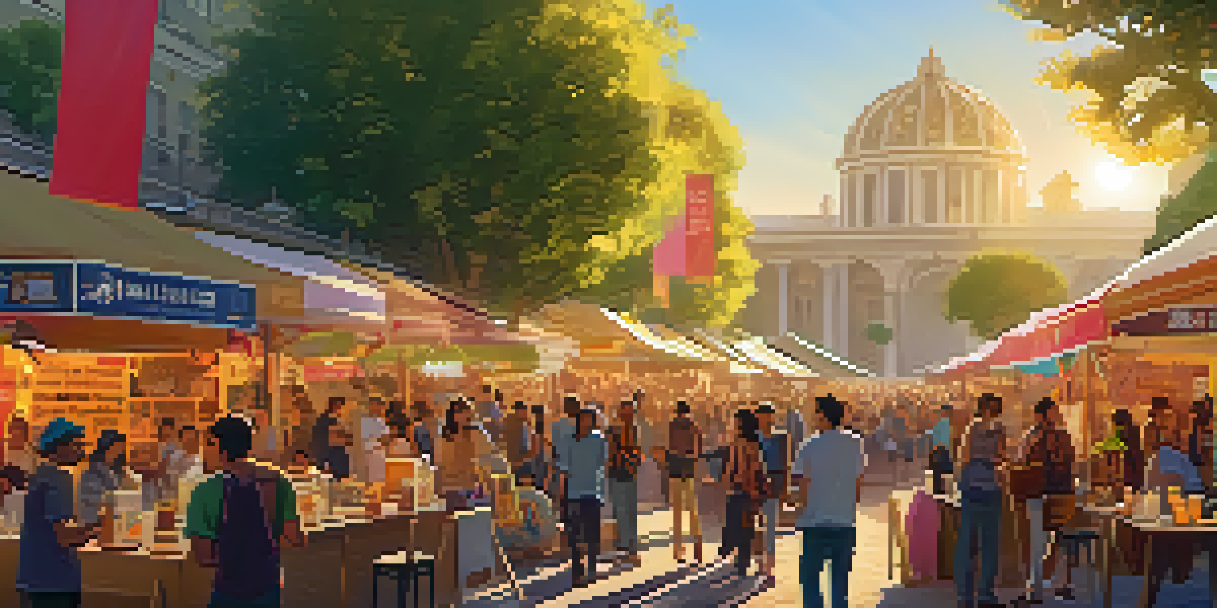 A lively urban film festival with diverse attendees discussing films, colorful banners, and food stalls under warm golden hour sunlight.