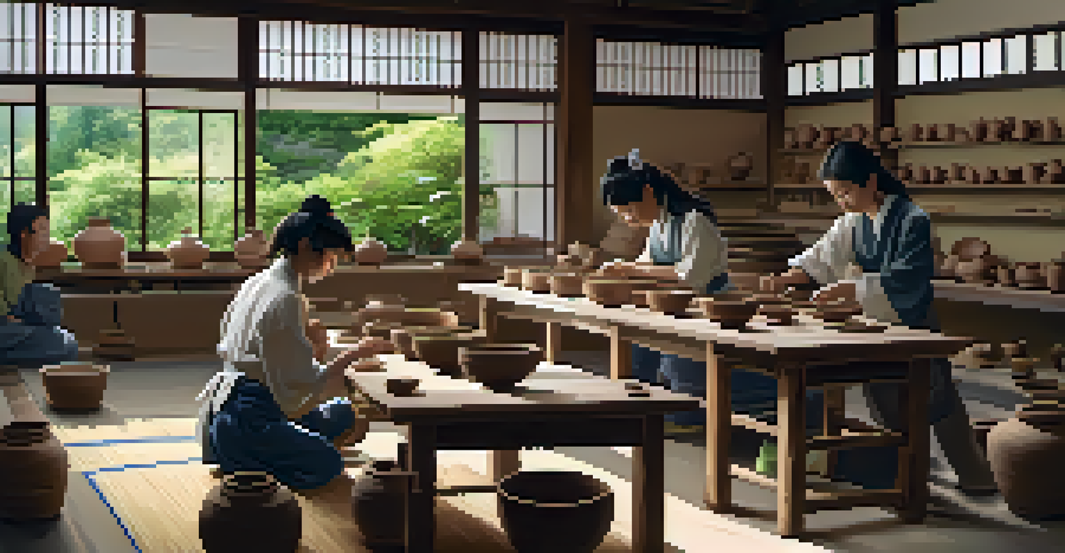 A pottery workshop in Japan with artisans and participants shaping clay on wheels in a bright, serene environment.