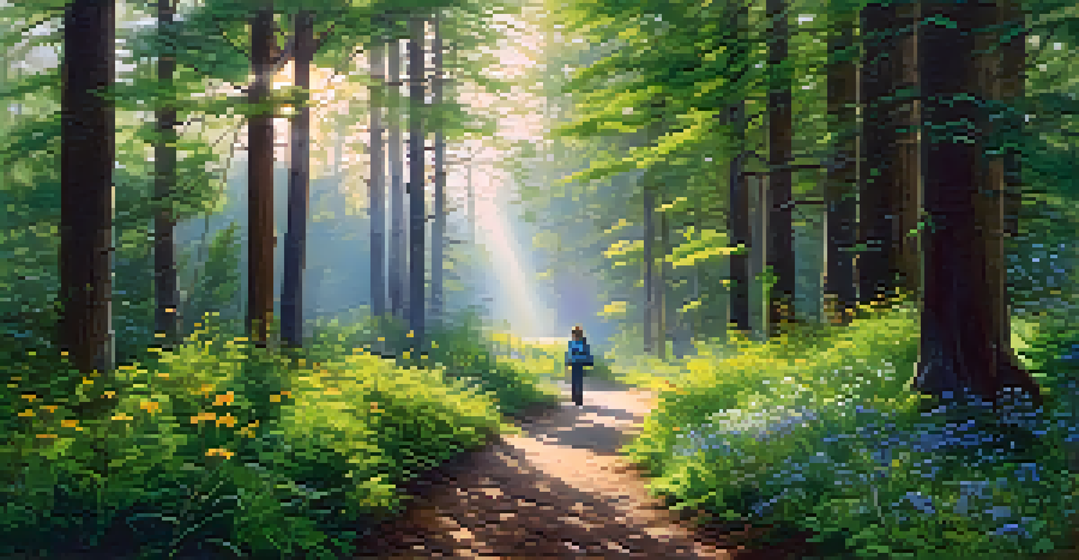 A peaceful nature trail with tall trees, sunlight, a person walking, and distant mountains.
