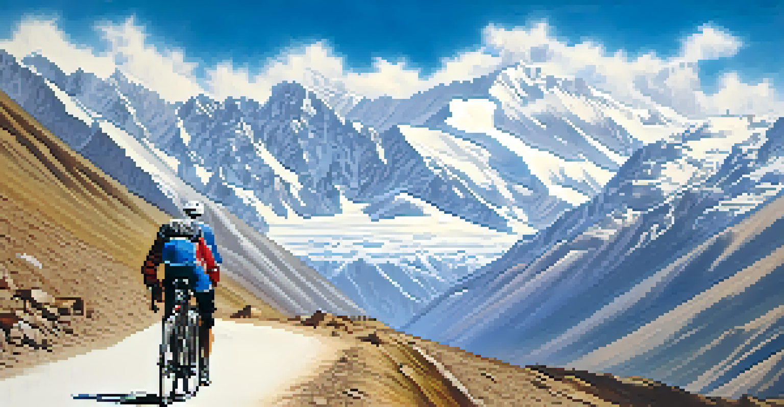A cyclist on a challenging mountain pass in the Himalayas, with snow-capped peaks in the background.