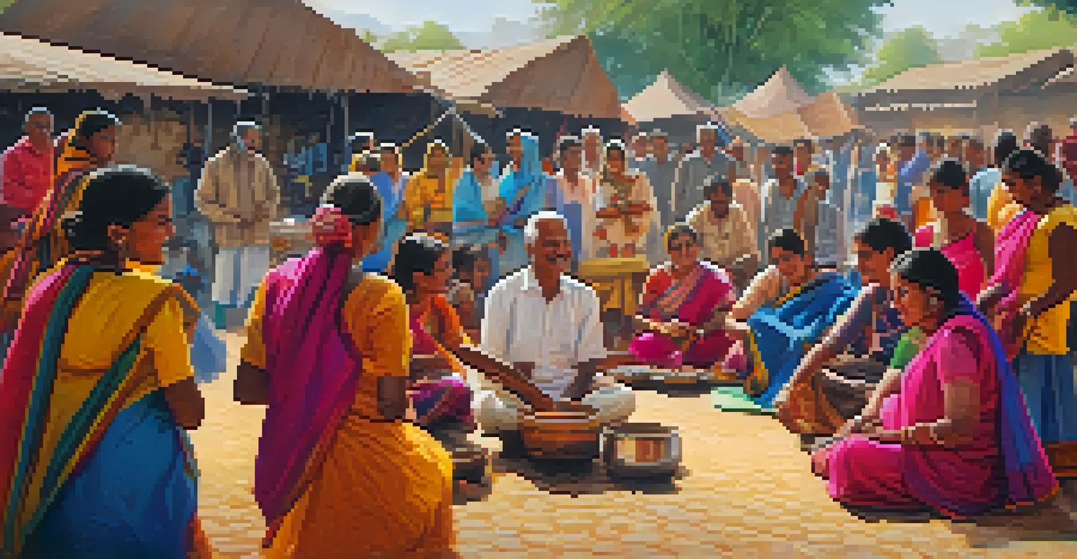 Volunteers and local artisans interacting at a cultural exchange gathering, surrounded by colorful crafts.