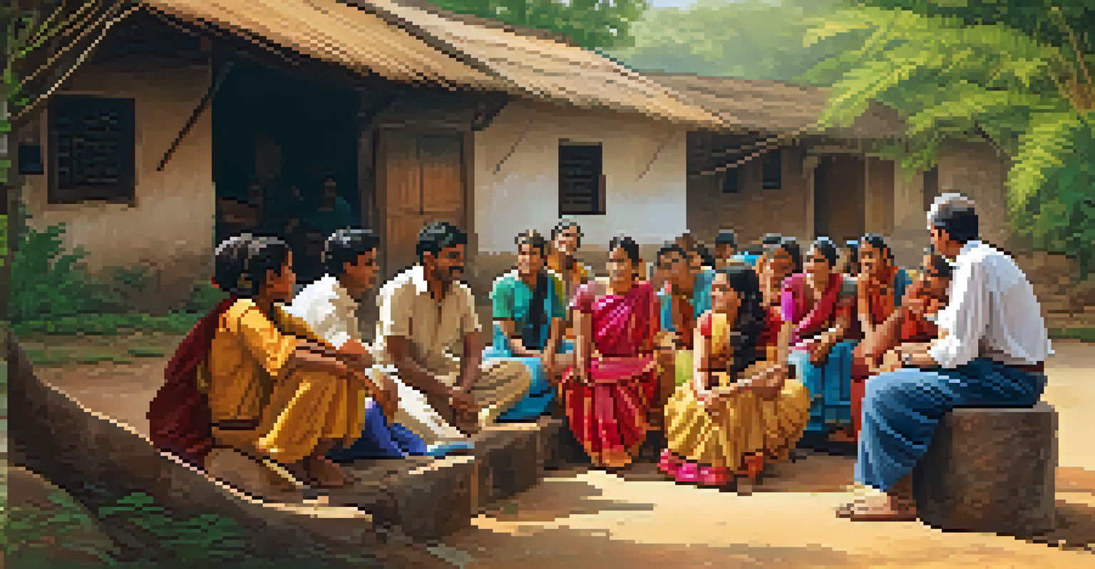 A group of travelers listening to a local historian share stories in a village during a genealogy tour, surrounded by greenery.