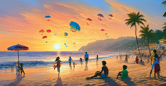 A family at Anjuna Beach, featuring golden sands, beach activities, and a colorful sunset.