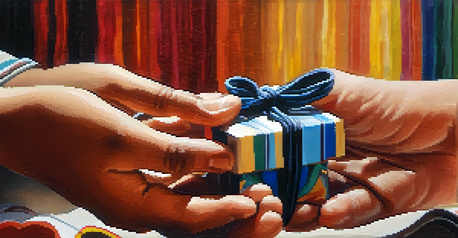 Two hands exchanging a handmade gift, representing friendship between an American student and an Indian student, with a warm background.