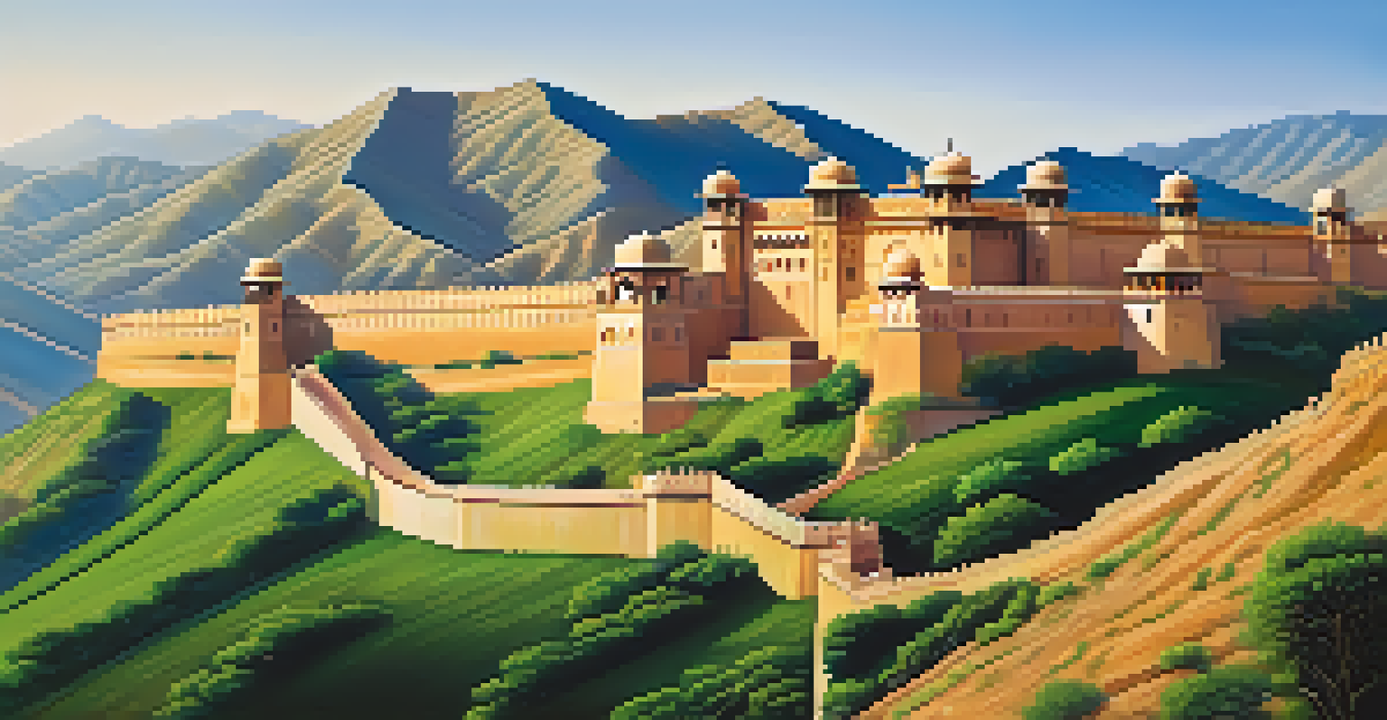 Amer Fort on a hilltop with intricate designs and tourists exploring the pathways, surrounded by lush green hills under a blue sky.