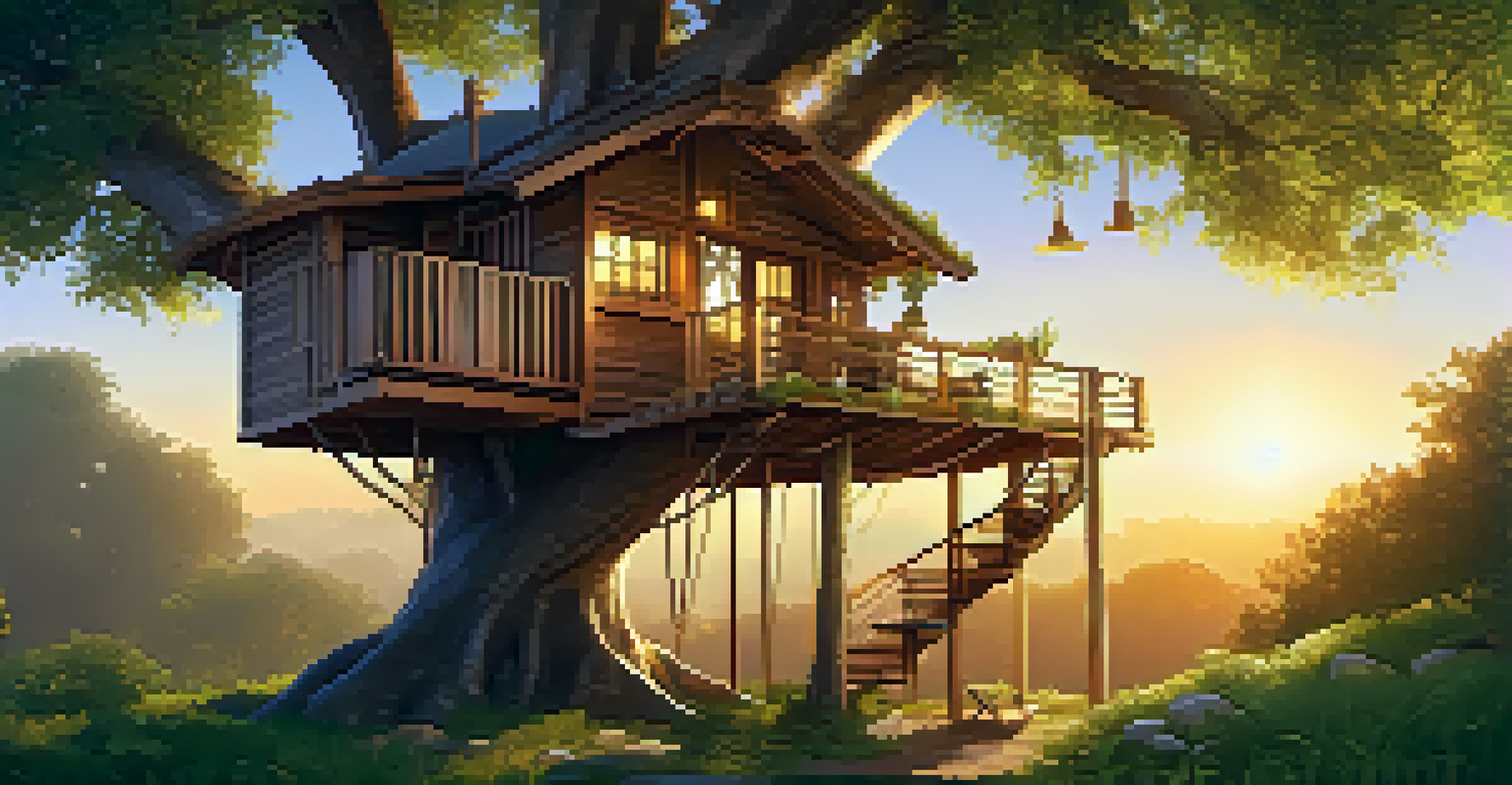 A treehouse accommodation in a large tree, made of sustainable materials, with a hammock and a view of green landscape, bathed in warm light.