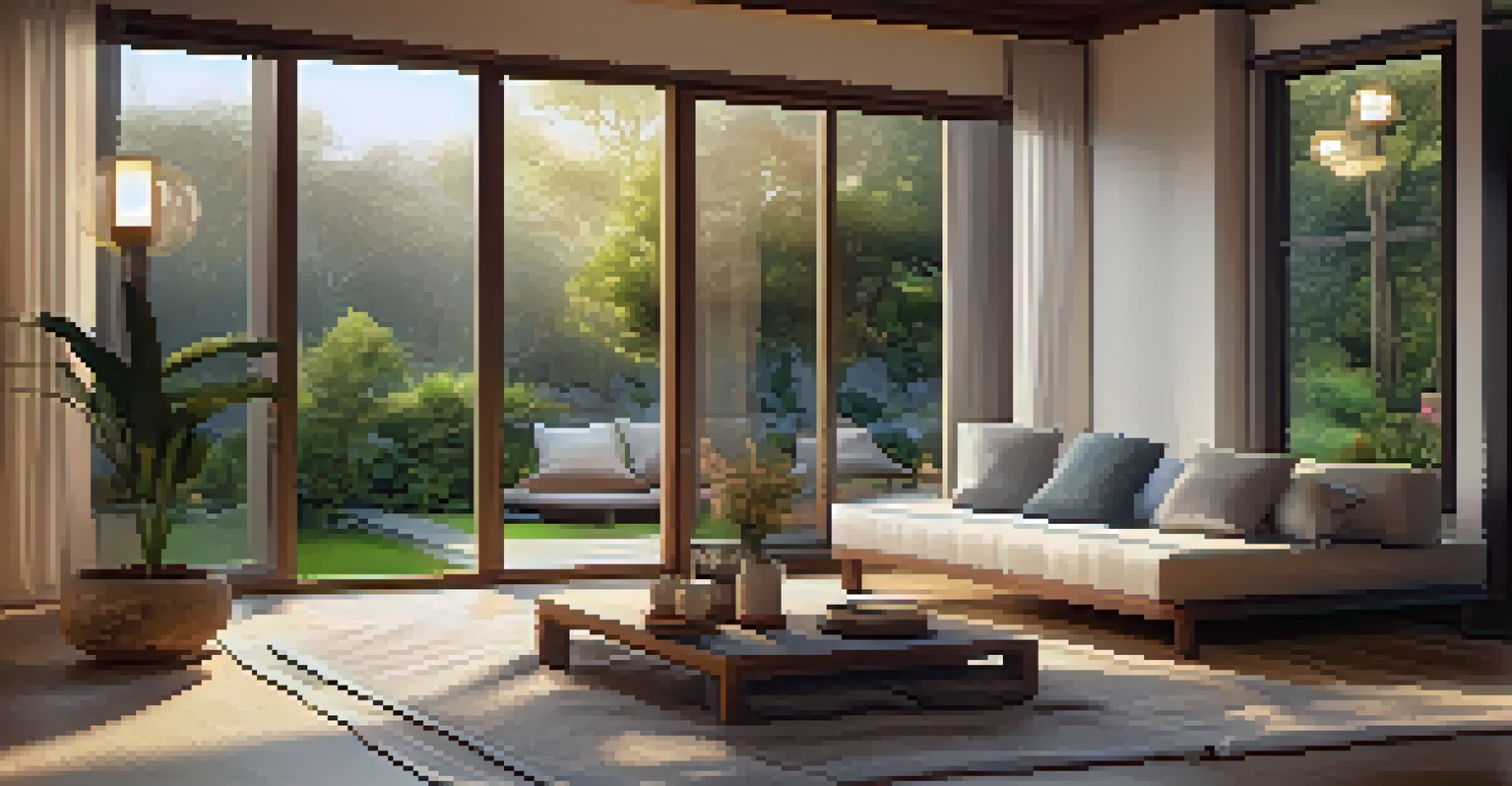 A cozy meditation room with cushions and candles, featuring large windows that overlook a beautiful garden.