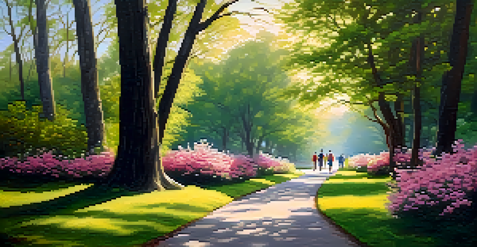 People walking along a winding path in a park, surrounded by flowers and trees under soft sunlight.