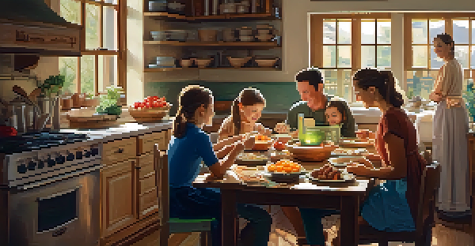 A family happily gathered in a cozy kitchen around a wooden table filled with ingredients and recipe cards.