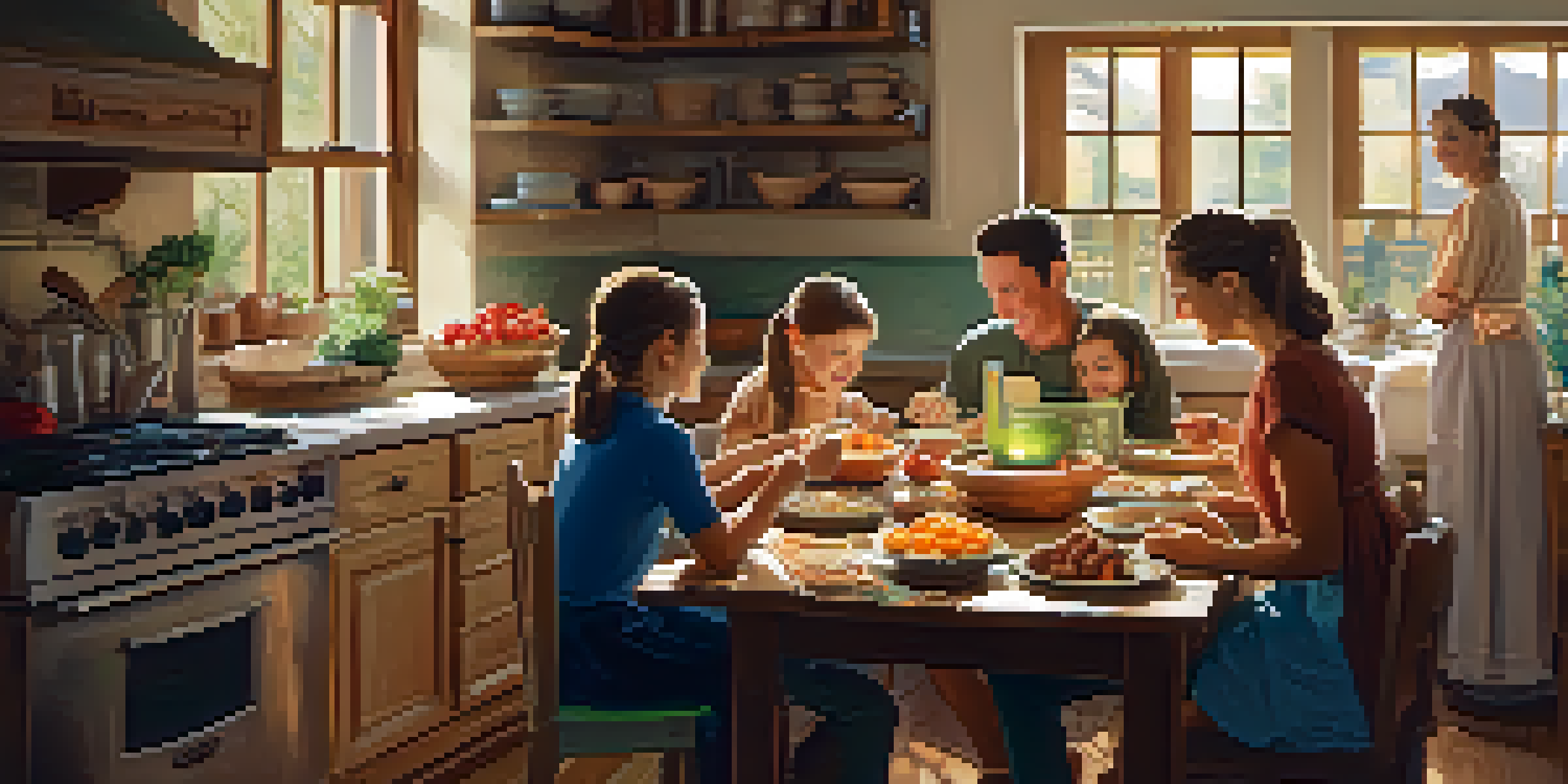 A family happily gathered in a cozy kitchen around a wooden table filled with ingredients and recipe cards.