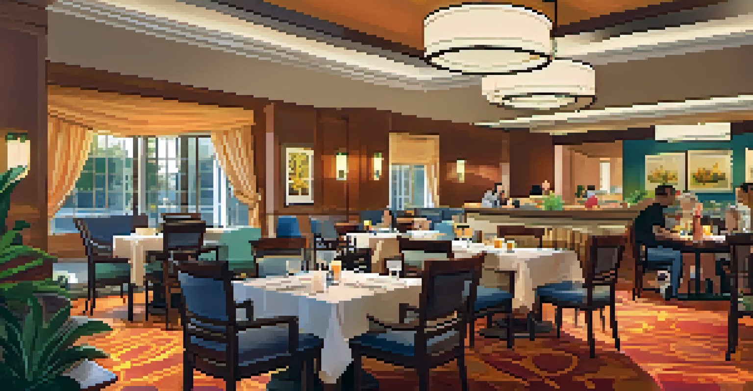 A welcoming dining area in an inclusive hotel with accessible tables, warm lighting, and guests of various backgrounds enjoying their meals together.