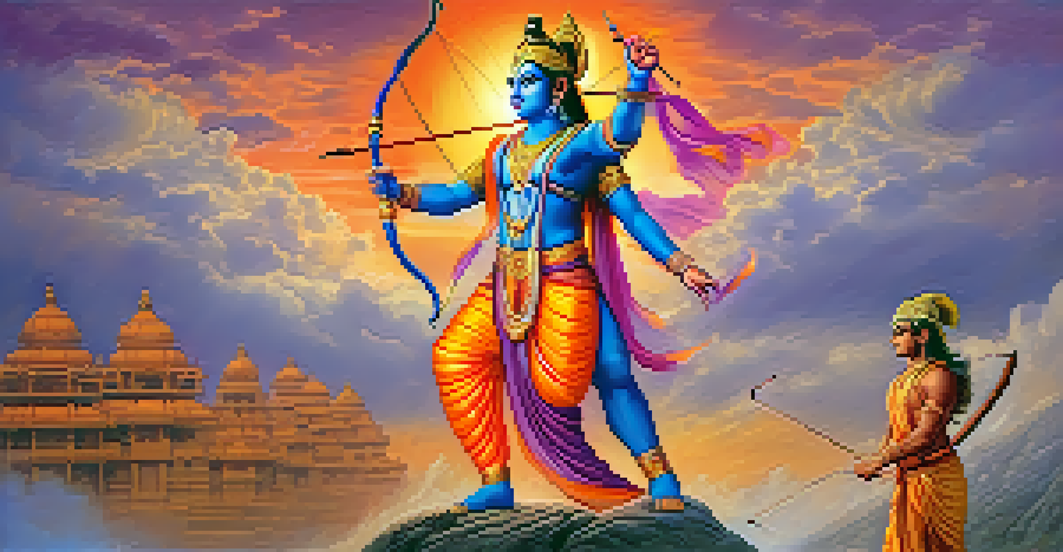 Illustration of Lord Rama, Sita, and Hanuman against a colorful sunset, showcasing their heroic qualities.
