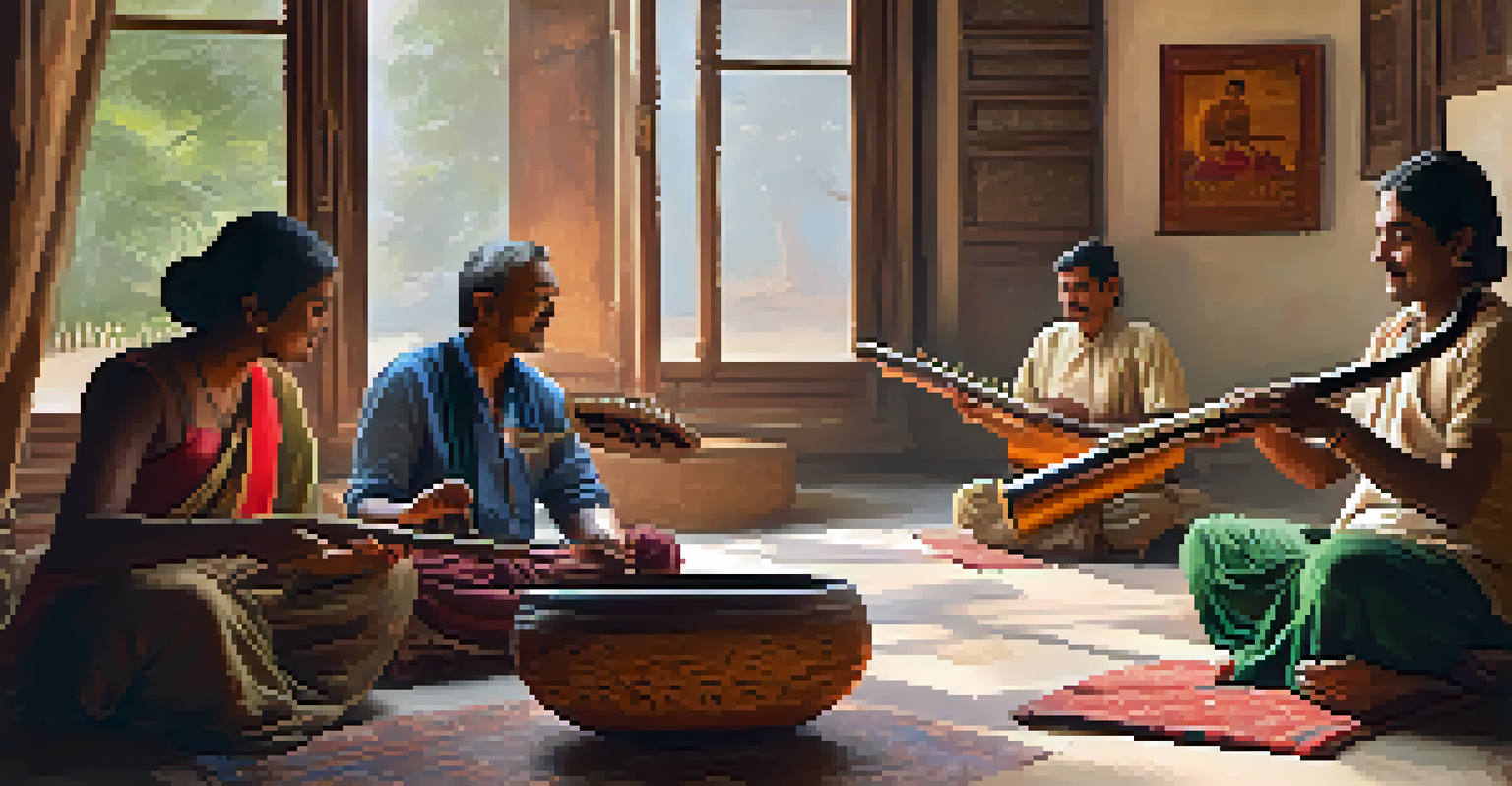 A local musician teaching tourists to play a traditional instrument in a cozy workshop filled with cultural artifacts and natural light.